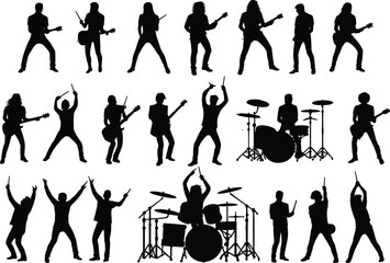 Rock band silhouettes with musicians playing guitar and drums, concert performance illustration, music festival design element in black and white