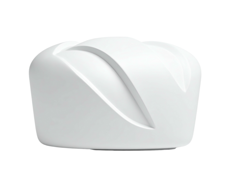 Sleek, white, sculpted object resembling a loaf of bread with distinct diagonal cuts