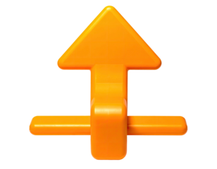 A bright orange plastic arrow toy with a horizontal crossbar and a triangular head