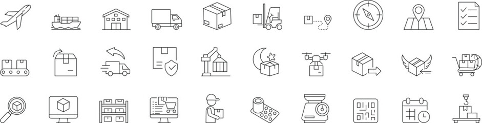 Minimal line logistics icons including delivery, shipping, supply chain, transport, warehouse, and cargo symbols. Editable stroke vector set perfect for business, transport, and logistics design 