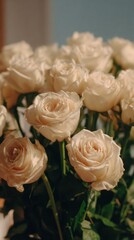Obraz premium A cluster of white roses is displayed, highlighting their soft petals and lush green stems. The bouquet exudes a sense of tranquility and natural beauty.