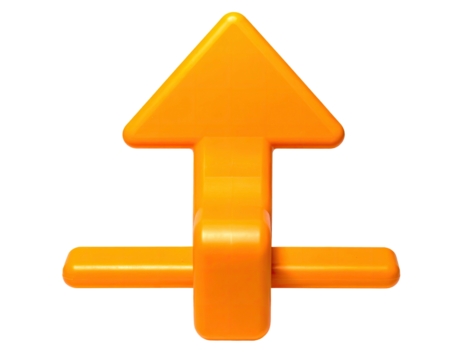 A bright orange plastic arrow toy with a horizontal crossbar and a triangular head - Powered by Adobe