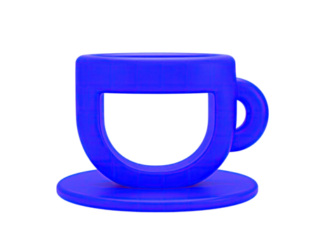 A vibrant, stylized 3D blue coffee cup icon sits on a plate