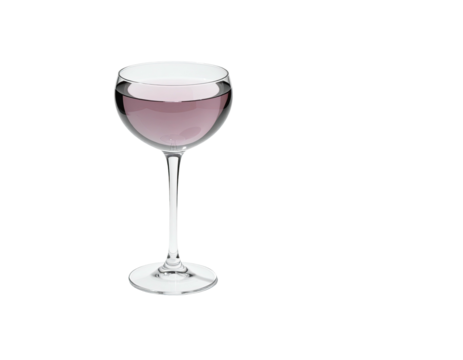Delicate stemmed glass filled with purplish liquid against a black background