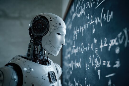 A humanoid robot stands in front of a chalkboard filled with complex math equations. The classroom has a modern design, showcasing advanced technology.