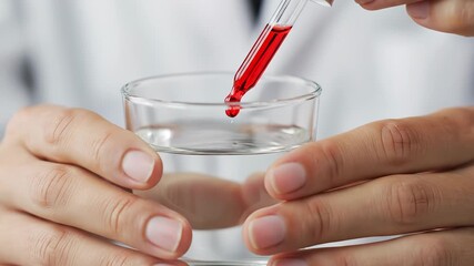 A scientist uses a dropper to add red liquid to a petri dish while the scientist studies the sample. The scientist holds the petri dish carefully examining the results. - Powered by Adobe