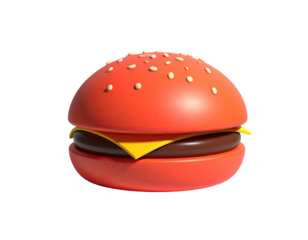 Animated, rendered hamburger with red bun and cheese on black background