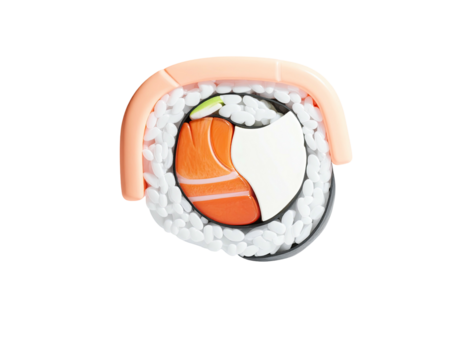 Isolated sushi roll with salmon, cream cheese, and avocado; white rice and seaweed