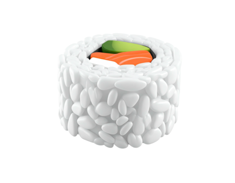 A single, photorealistic sushi roll with salmon, avocado, and rice