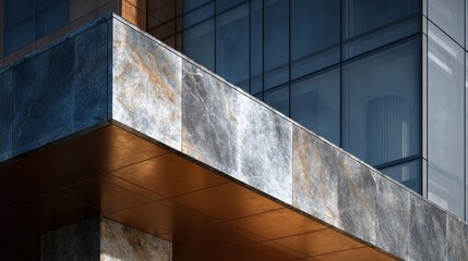 Obraz premium Sleek contemporary architectural detail with glass, marble, and metallic panels.