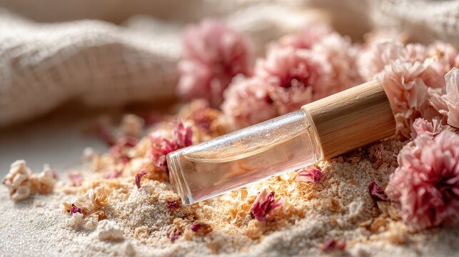Close up of rollerball perfume bottle with essential oil