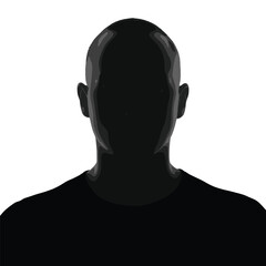 Silhouette portrait of man facing forward, minimal dark outline, shaved head, mysterious expression, isolated on white background, modern abstract style