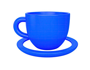 A bright blue, 3D-rendered teacup and saucer set isolated against a black background