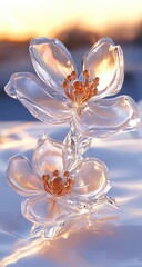 Glassy flower sculptures on snow, lit by warm, hazy light