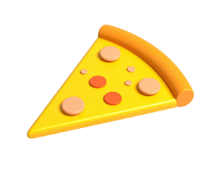 A vibrant, 3D pizza slice with cheese and pepperoni on a dark background