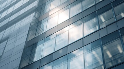 Sleek glass facade of a modern corporate skyscraper reflecting bright sunlight