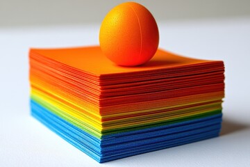 Colorful papers stacked, orange egg on top