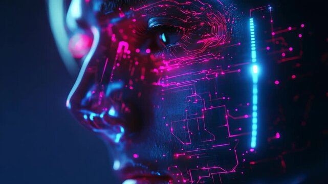 Features a futuristic male robot face set against a vast cyberspace backdrop, illuminated by vibrant circuits and glowing neon colors, showcasing the beauty of advanced technology and digital design