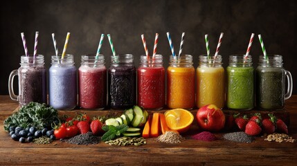 Colorful smoothies in mason jars, arranged on a wooden surface.