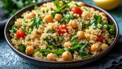 Quinoa salad with chickpeas, tomatoes, and arugula in bowl