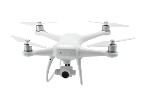A white quadcopter drone with a gimbal camera, isolated on a black background