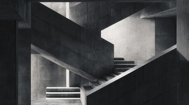 Dramatic Brutalist Concrete Staircase with Strong Light and Shadow - Powered by Adobe