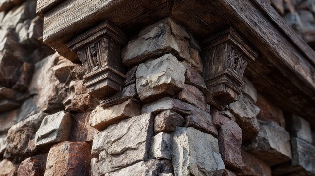 Rustic stone wall corner with decorative wooden corbels supporting a beam.