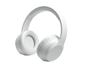Modern, minimalist, white over-ear headphones floating against a black backdrop
