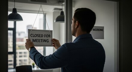 Man hanging Closed for Meeting sign on office glass door.