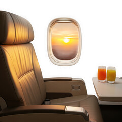 Fototapeta premium Airplane seat and window with sunset view and drinks on tray table isolated on transparent background