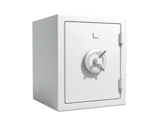 3D render of a closed white safe, isolated on a black background