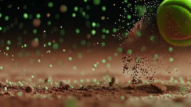 Super Slow Motion Detail Shot of Tennis Ball with Clay Explosion . Filmed on High Speed Cinematic Camera at 1000 fps