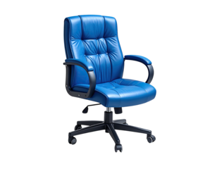 Plush blue office chair with padded leather back and seat on a wheeled base