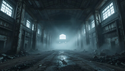 Obraz premium Abandoned industrial warehouse interior with fog and light streaming through windows