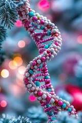 Colorful DNA double helix on snowy evergreen branch