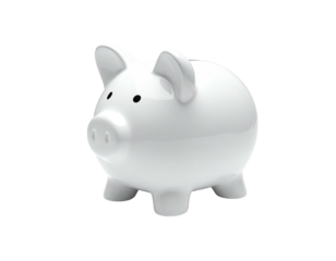 White ceramic piggy bank against a black background, simple and shiny