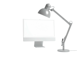 Minimalist desk setup featuring a computer and adjustable lamp against black