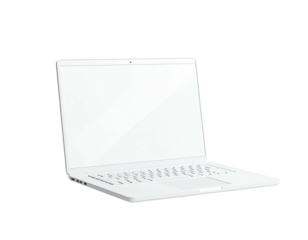 A tilted white laptop, angled forward with a blank screen, set on black