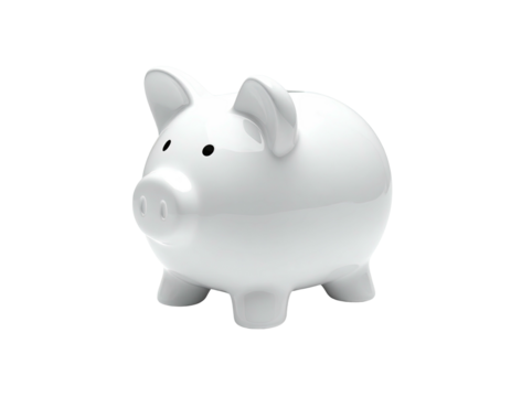 White ceramic piggy bank against a black background, simple and shiny