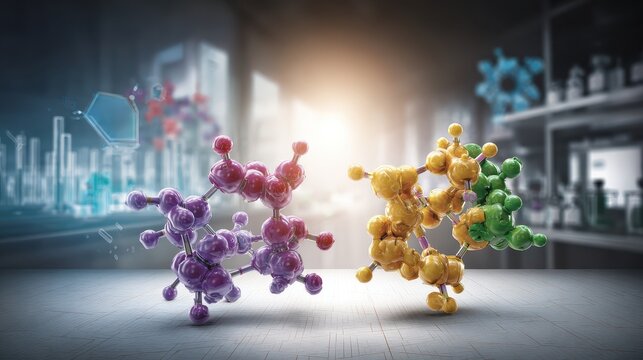 Colorful protein molecule structures in a digital science environment