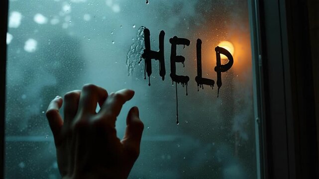 Eerie Halloween message written on steamy glass, a spooky close up shot in 4k. A chilling call for help in a desperate moment, danger concept