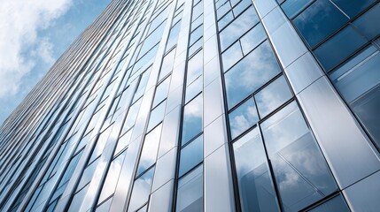 Fototapeta premium Impressive Modern Glass Skyscraper Reflecting Blue Sky and Clouds
