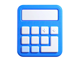 A blue, 3D-rendered calculator with a clear display and white buttons
