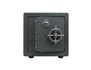 Metallic gray vault on black background, square with round handle and door