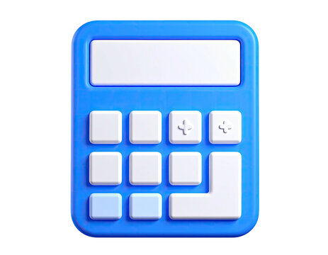 A blue, 3D-rendered calculator with a clear display and white buttons