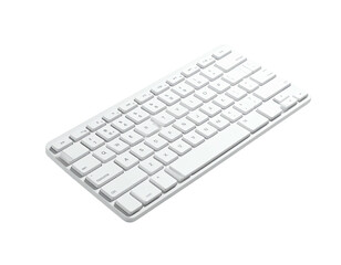 Angled shot of a white, compact keyboard against a stark black background