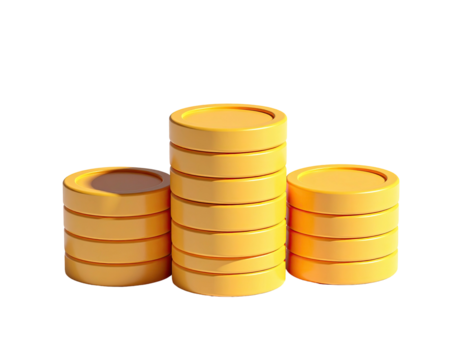 Three stacks of golden coins, slightly different heights, isolated against a dark background