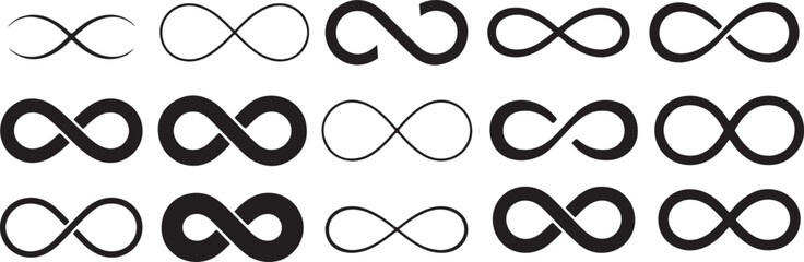 fifteen variations of black infinity symbols graphic vector illustration