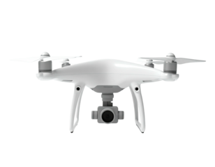 White quadcopter drone with camera facing forward, isolated on black background