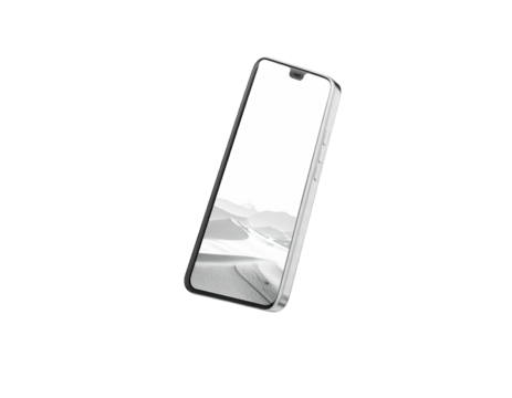 Smartphone with a white screen showing a grayscale desert landscape against black